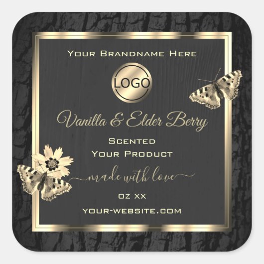 Black Tree Bark Wood Grain Gold Étiquette Logo (Devant)