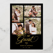 Black Trendy Collage 4 Foto's Fancy script Folie Uitnodiging (Voorkant)