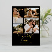 Black Trendy Collage Wedding 4 foto's Real Golden Folie Uitnodiging (Staand Voorkant)