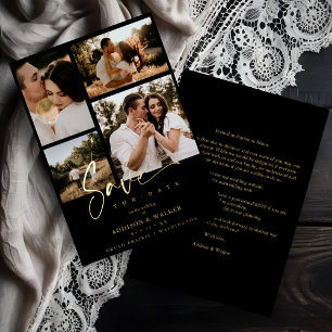 Black Trendy Collage Wedding 4 Foto's Real Golden Folie Uitnodiging