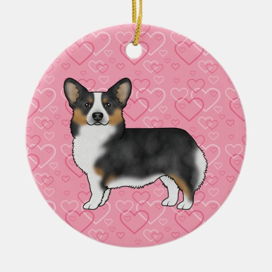 Black Tri Pembroke Welsh Corgi Hearts met naam Keramisch Ornament (Voorkant)