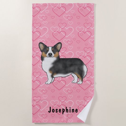 Black Tri Pembroke Welsh Corgi Hearts met naam Strandlaken (Voorkant)