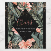 Black Tropical Floral Mariage Étiquette de bouteil (Étiquettes simples)