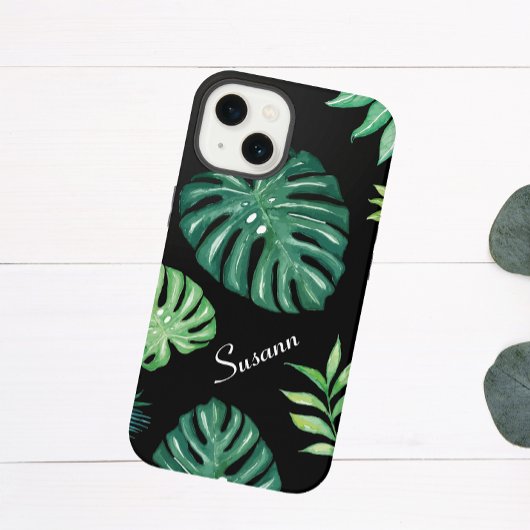 Black Tropical Leaf Motif iPhone 14 Coque