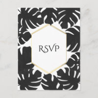Black Tropical Leaves White & Gold Wedding RSVP