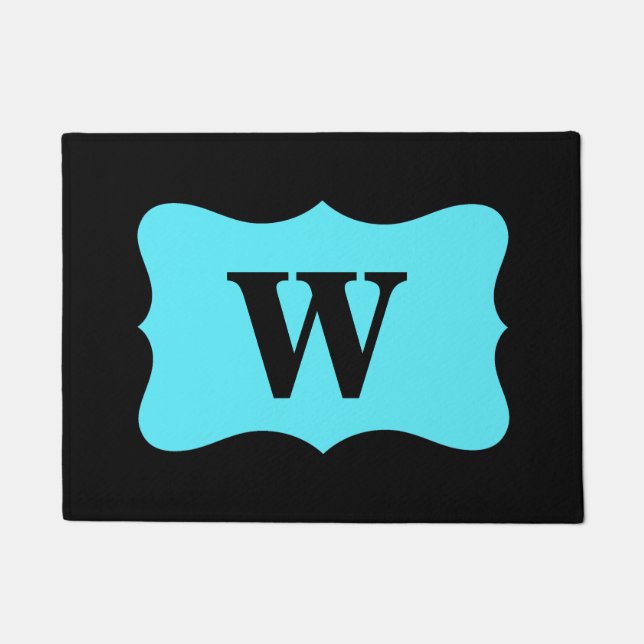 Black Turquoise Aqua Blue Monogram Initiaal Aangep Deurmat (Voorkant)