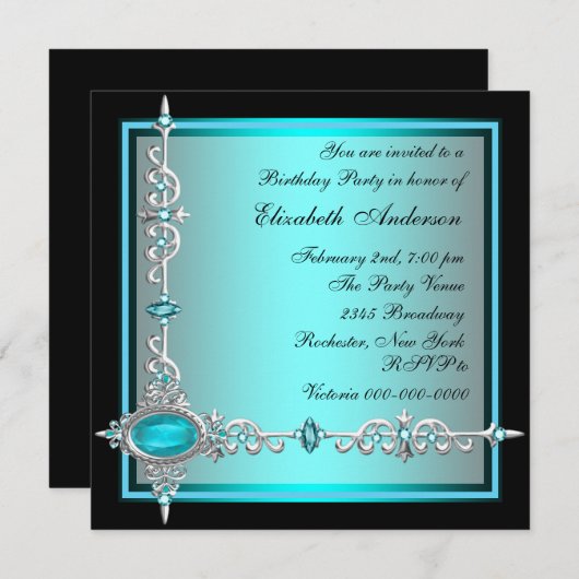 Black Turquoise Bleu Invitations de fête d'anniver (Devant / Derrière)