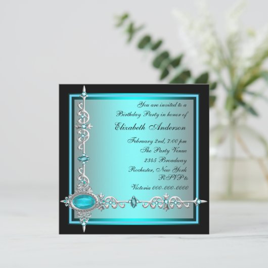 Black Turquoise Bleu Invitations de fête d'anniver (Debout devant)