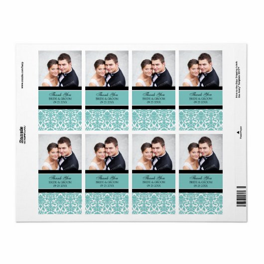 Black Turquoise Damask Photo Wedding Étiquettes (Feuille entière)