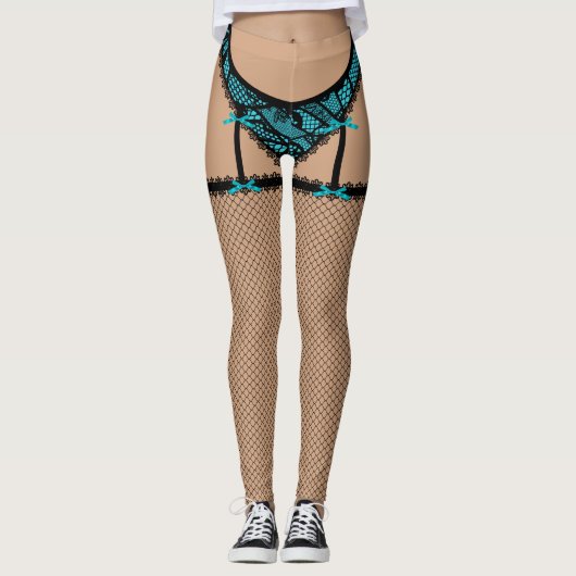 Black & Turquoise Lingerie (Franse snij) Leggings (Voorkant)