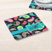 Black Turquoise Monogram Personalized Mod Paisley Vierkante Kartonnen Onderzetter (Schuin)