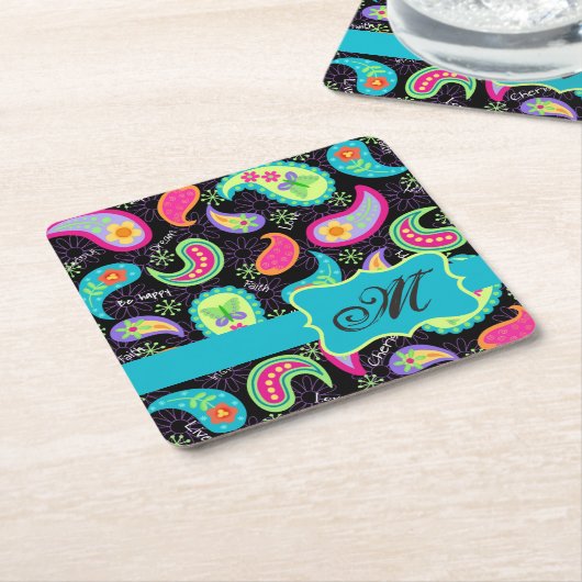 Black Turquoise Monogram Personalized Mod Paisley Vierkante Kartonnen Onderzetter (Schuin)