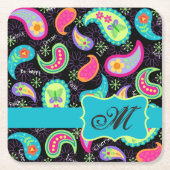 Black Turquoise Monogram Personalized Mod Paisley Vierkante Kartonnen Onderzetter (Voorkant)