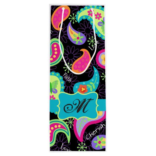 Black Turquoise Monogram Personalized Mod Paisley Wijn Cadeautas (Achterkant)