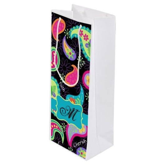 Black Turquoise Monogram Personalized Mod Paisley Wijn Cadeautas (Voorkant Gekanteld)