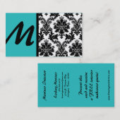 Black Turquoise Turquoise Damask Cartes de visite (Devant / Derrière)