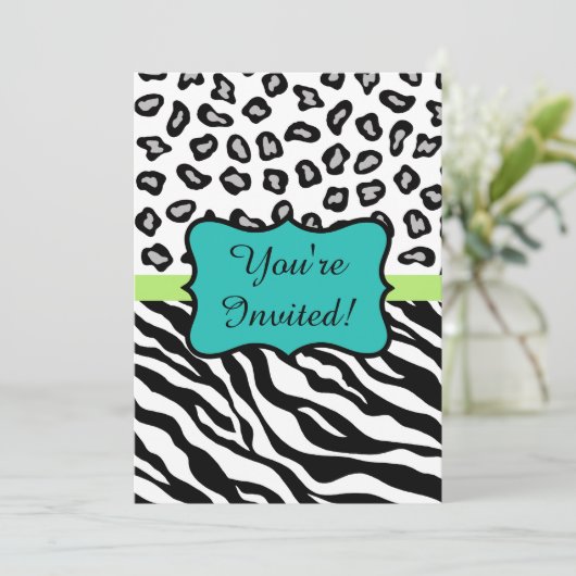 Black Turquoise Zebra Leopard Skin Invitation Kaart (Staand voorkant)