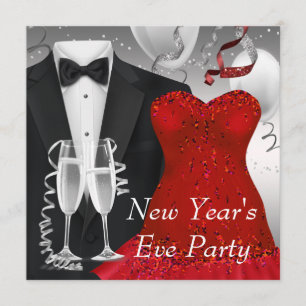 Black Tuxedo Red Dress Party Invitation Sjabloon Kaart