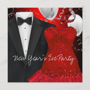 Black Tuxedo Red Dress Party Invitation Sjabloon Kaart