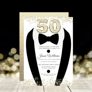 Black Tuxedo Suit Gold Mannen 50th Birthday Party Kaart