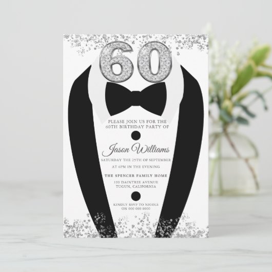 Black Tuxedo Suit Silver Mannen 60th Birthday Part Kaart (Staand voorkant)