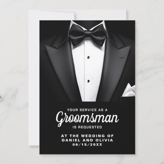 Black Tuxedo Tux Groomsman Aanvraag Kaart (Voorkant)