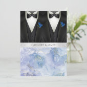 Black Tuxedos Blue Boutonniere Wedding Kaart (Staand voorkant)