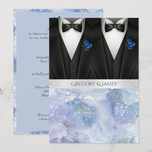Black Tuxedos Blue Boutonniere Wedding Kaart (Voorkant / Achterkant)