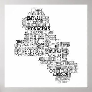 Black Typografische Map of Co. Monaghan, Ierland Poster