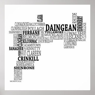 Black Typografische Map of Co. Offaly, Ierland Poster