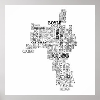 Black Typografische Map of Co. Roscommon, Ierland Poster