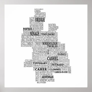 Black Typografische Map of Co. Tipperary, Ierland Poster