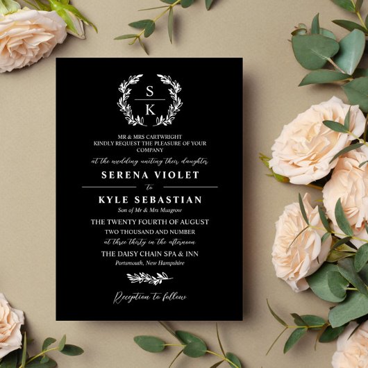 Black Typography Laurel Wreath Monogram Wedding Kaart