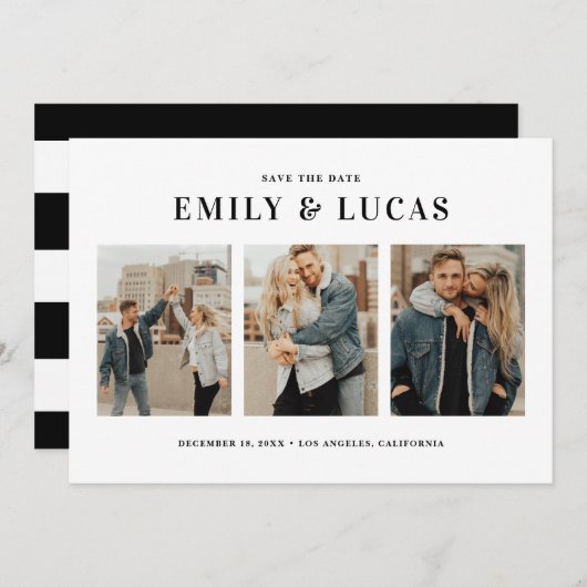 Black Typography Three Photo Collage Save The Date (Voorkant / Achterkant)