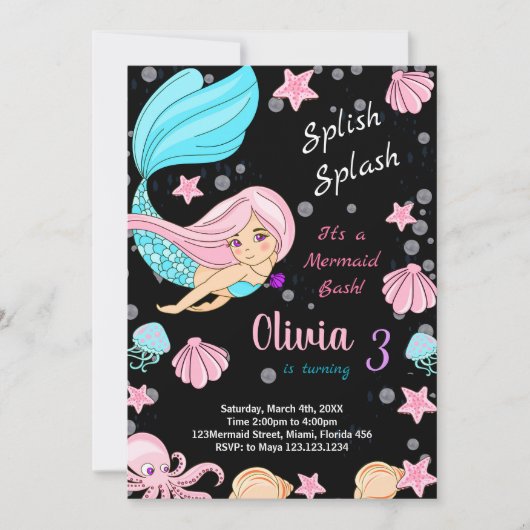 Black Under the sea Sirène Invitations d'anniversa (Devant)