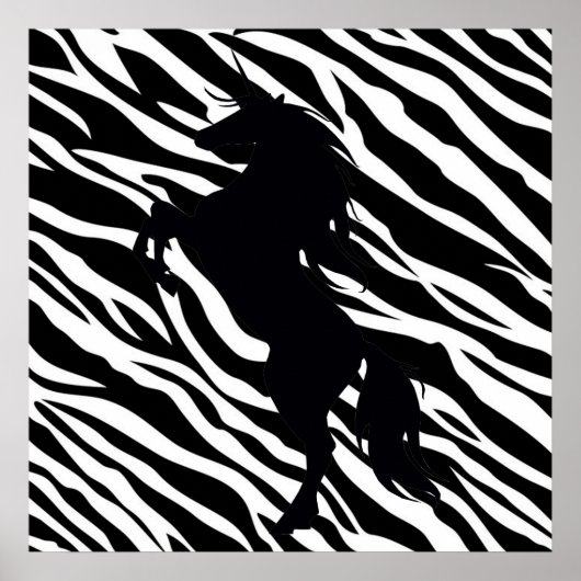 Black Unicorn Silhouette op Zebra Print Poster (Voorkant)