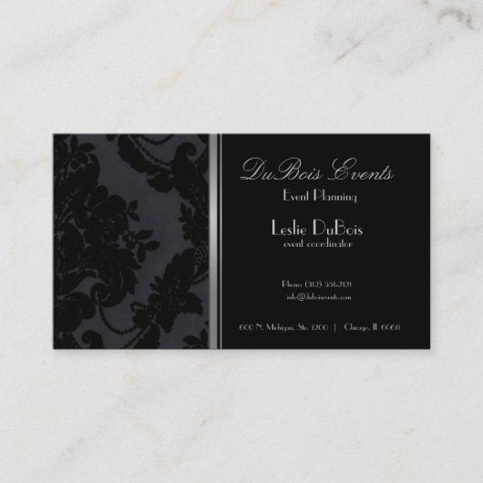 Black velvet damask event planner visitekaartje (Voorkant)