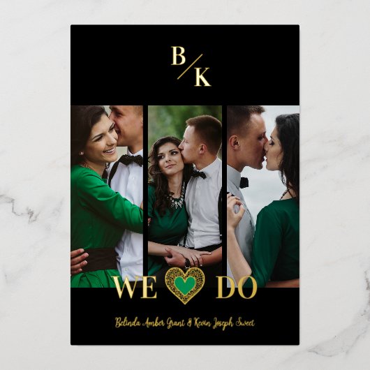 Black Vertical 3 Photos Collage Handwritten Fancy Folie Uitnodiging (Voorkant)