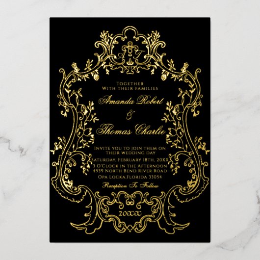 Black Victorian White et Gold Faire-part de mariag (Recto)