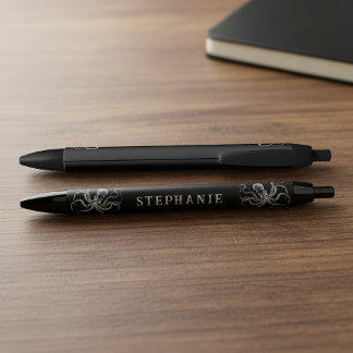 Black Vintage Octopus with Custom Name Pen 