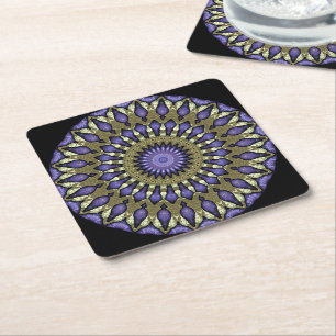 Black Violet Paars Faux Gold Mandala Pattern Vierkante Kartonnen Onderzetter