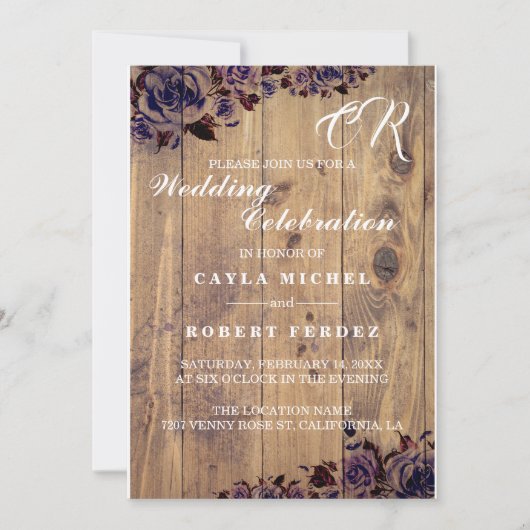 Black violet Rose Faire-part de mariage rustique (Devant)