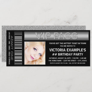 Black VIP Pass Ticket Birthday Party Invitation Kaart
