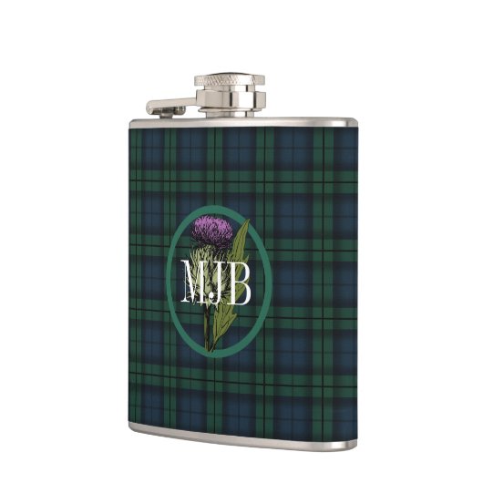 Black Watch Pset Tartan Scottish Thistle Monogram Heupfles (Links)