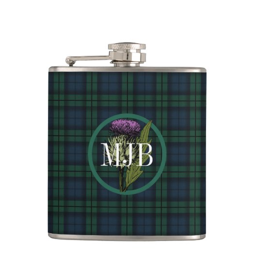 Black Watch Pset Tartan Scottish Thistle Monogram Heupfles (Voorkant)