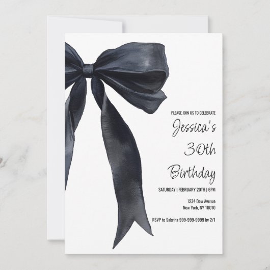 Black Watercolor Bow Birthday Elegant Invitation (Devant)