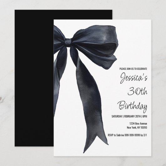 Black Watercolor Bow Birthday Elegant Invitation (Devant / Derrière)