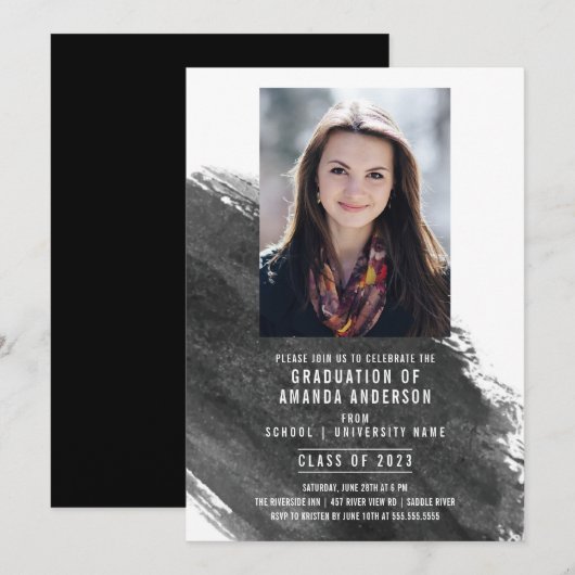 Black Watercolor Photo Graduation Party Invitation (Devant / Derrière)