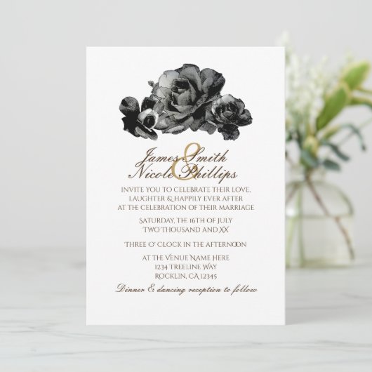 Black Watercolor Roses Élégant mariage Invitations (Debout devant)