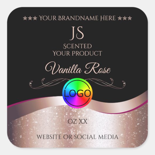 Black Wavy Rose Gold Logo Monogramme Étiquette pro (Devant)